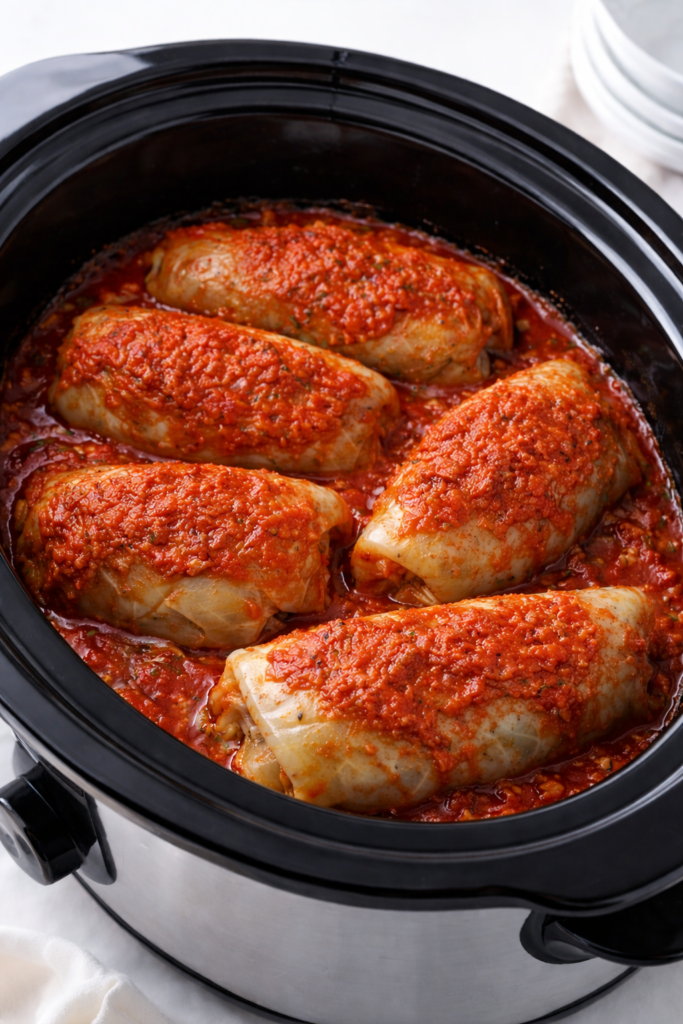 Crockpot stuffed cabbage rolls cooking in slow cooker with tomato sauce