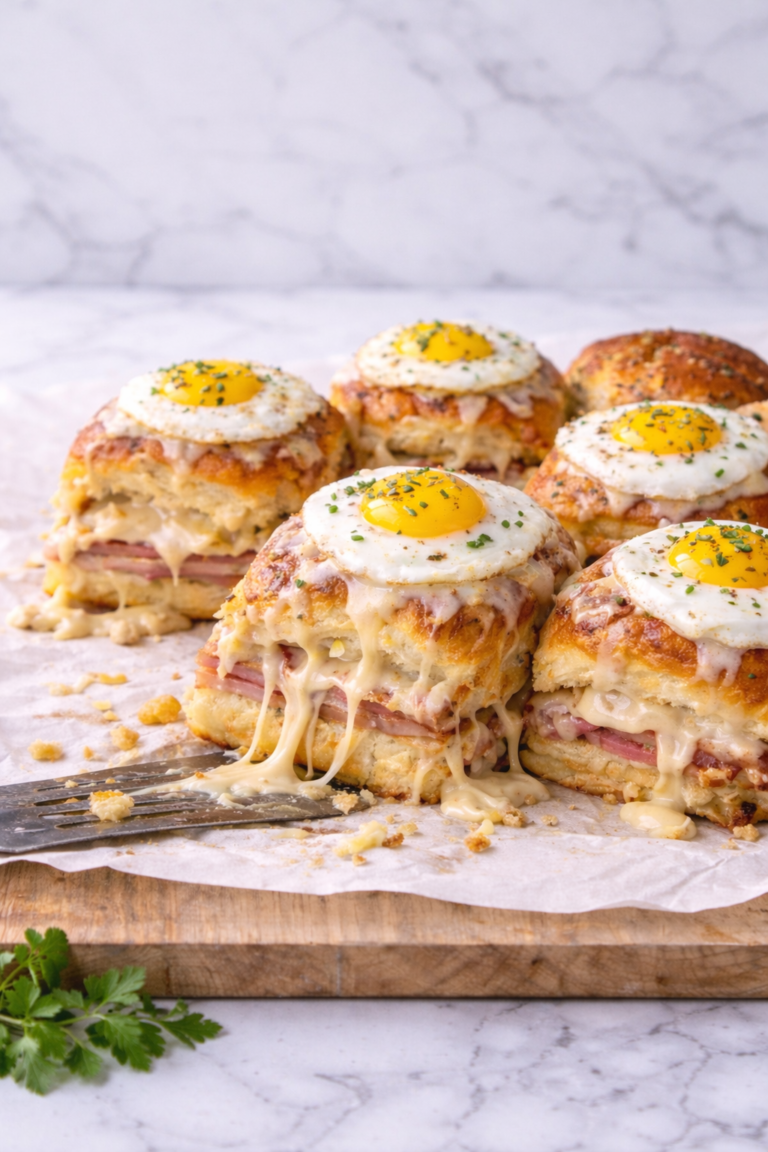 Croque madame sliders made with Hawaiian rolls, baked with ham and melted cheese, topped with béchamel sauce and fried eggs, with a gooey cheese pull on a marble background.