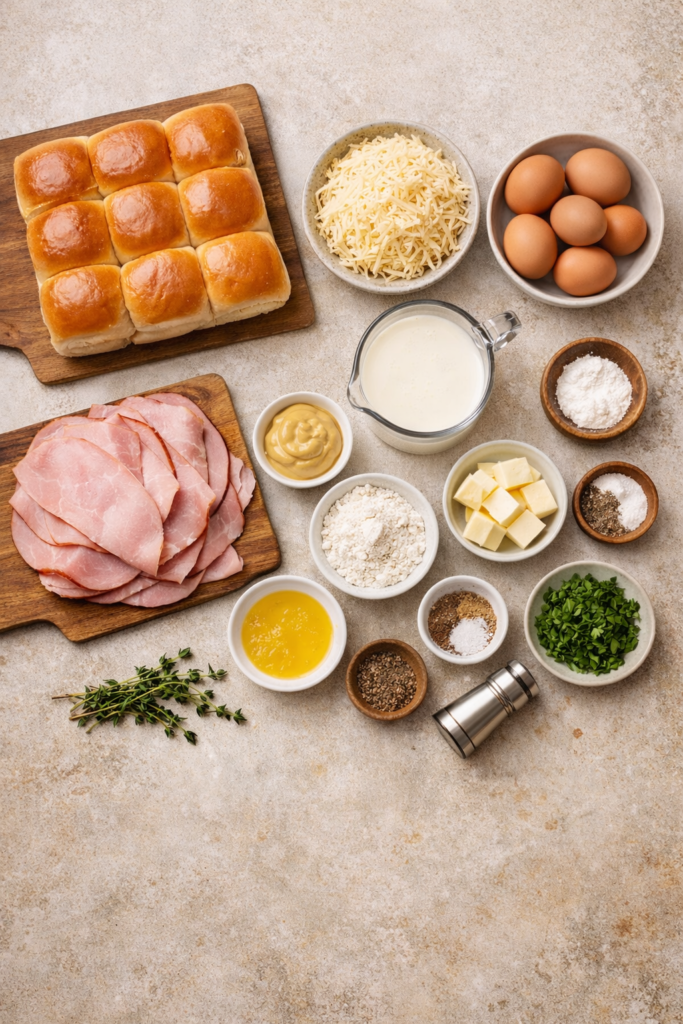 Flat lay of ingredients for croque madame sliders made with Hawaiian rolls, ham, gruyere cheese, eggs, milk, butter, Dijon mustard, and fresh herbs on a neutral background.