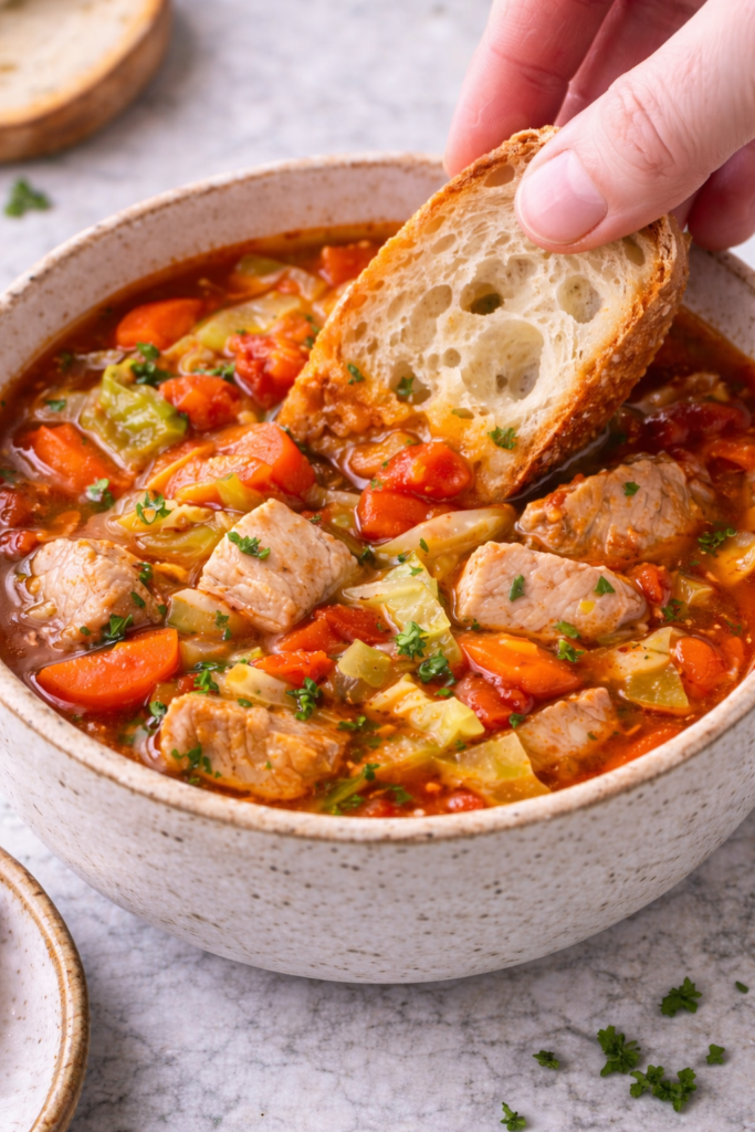 Crusty bread being dipped into a bowl of pork and cabbage soup with carrots, tomatoes, and tender pork in a rustic ceramic bowl