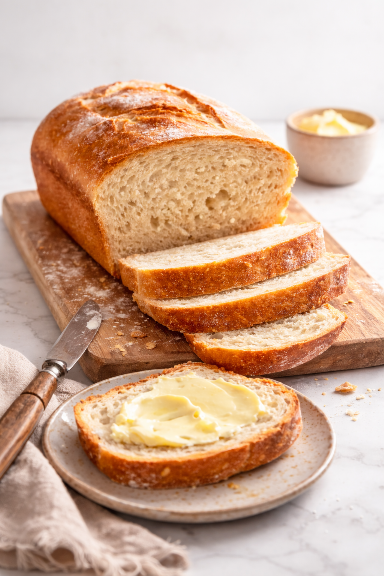 Crusty homemade white bread sliced on a wooden board with a buttered piece on a plate, photographed in soft natural light with a clean, minimal background.