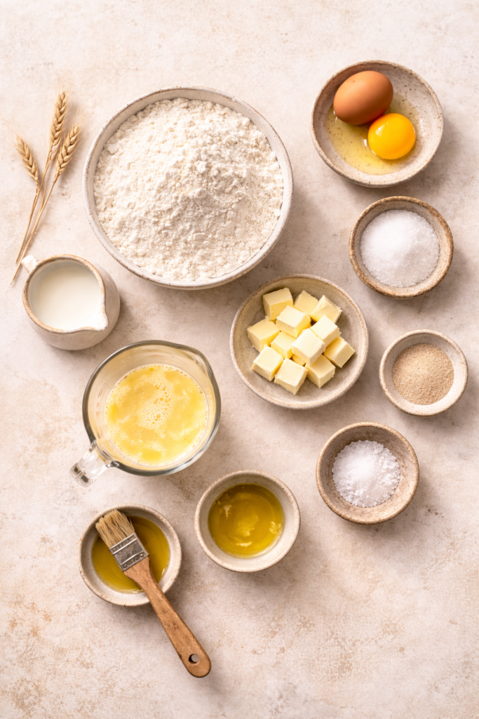 Flat lay of ingredients for homemade crusty white bread arranged on a light neutral surface with flour, eggs, butter, yeast, sugar, salt, and oil.