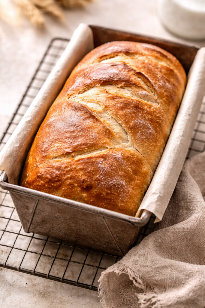Freshly baked crusty white bread sitting in a loaf pan just out of the oven with a golden brown crust.