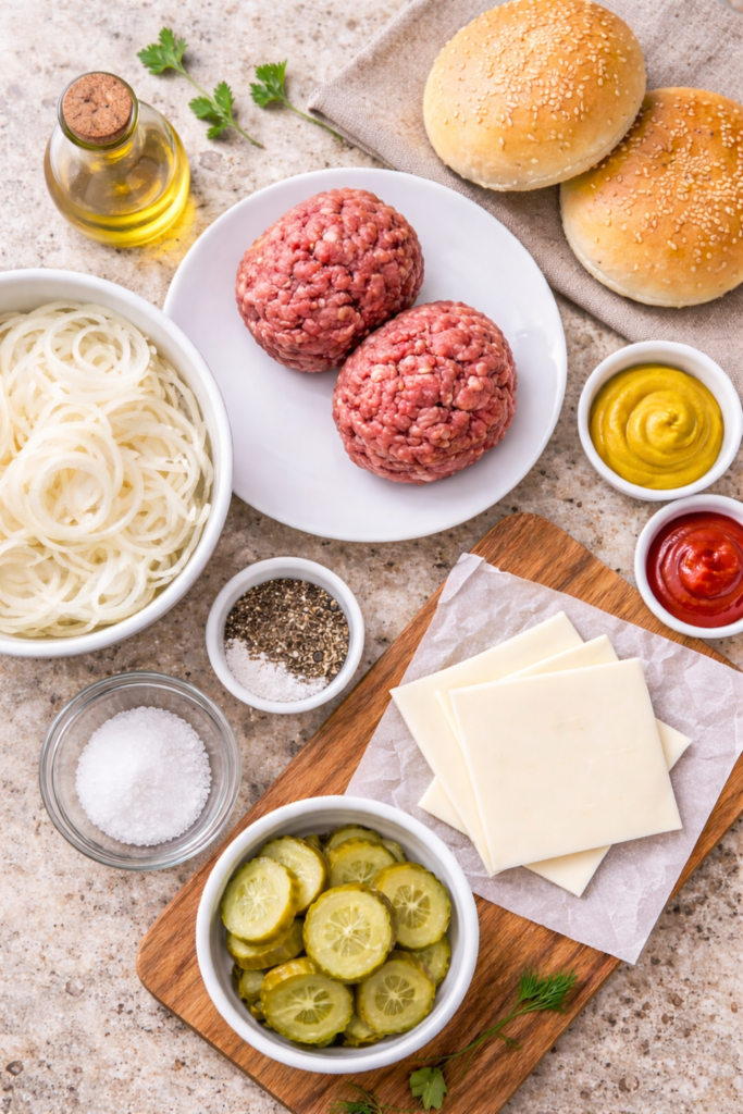 Flat lay of ingredients for Depression Era onion smash burgers including ground beef, sliced onions, white American cheese, sesame buns, pickles, and condiments