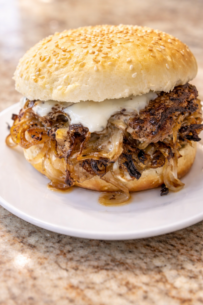 Depression Era onion smash cheeseburger with caramelized onions and melted American cheese on a soft sesame bun