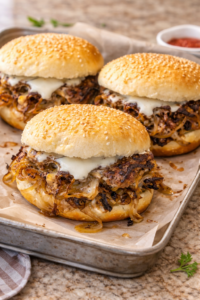 Depression Era onion smash cheeseburgers with caramelized onions and melted American cheese on a parchment-lined tray