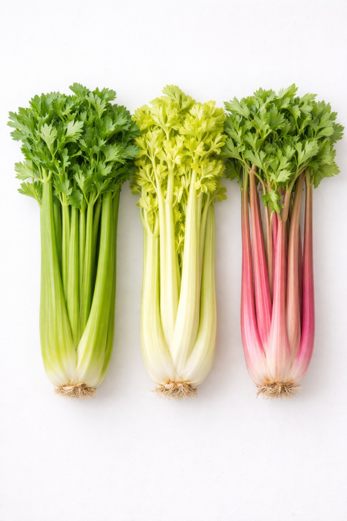Flat lay of different types of celery stalks including green, golden, and pink celery on white background