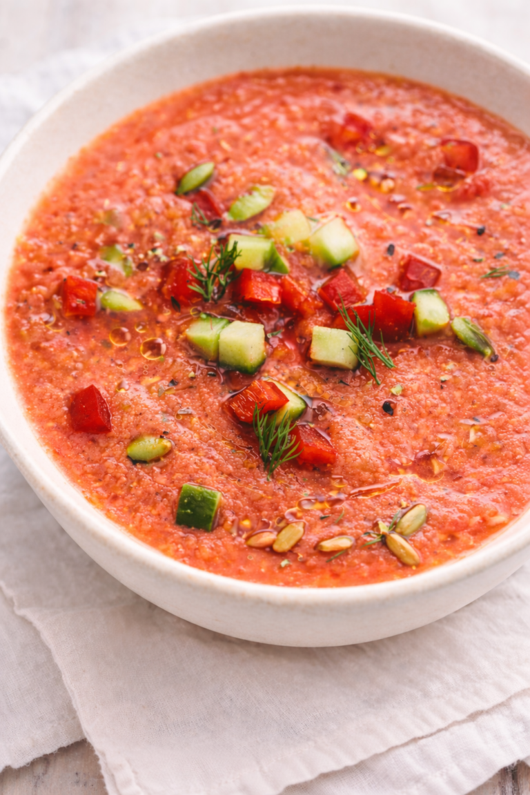 Bright chilled dill gazpacho in a white ceramic bowl topped with diced cucumber, red bell pepper, fresh dill, sunflower seeds, and olive oil on neutral linen.