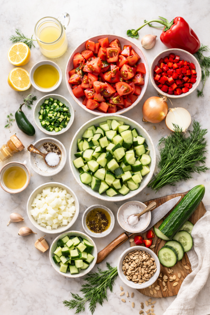 Flat lay of fresh dill gazpacho ingredients including ripe tomatoes, cucumbers, red bell pepper, onion, lemon, olive oil, fresh dill, jalapeño, and sunflower seeds on marble with linen.