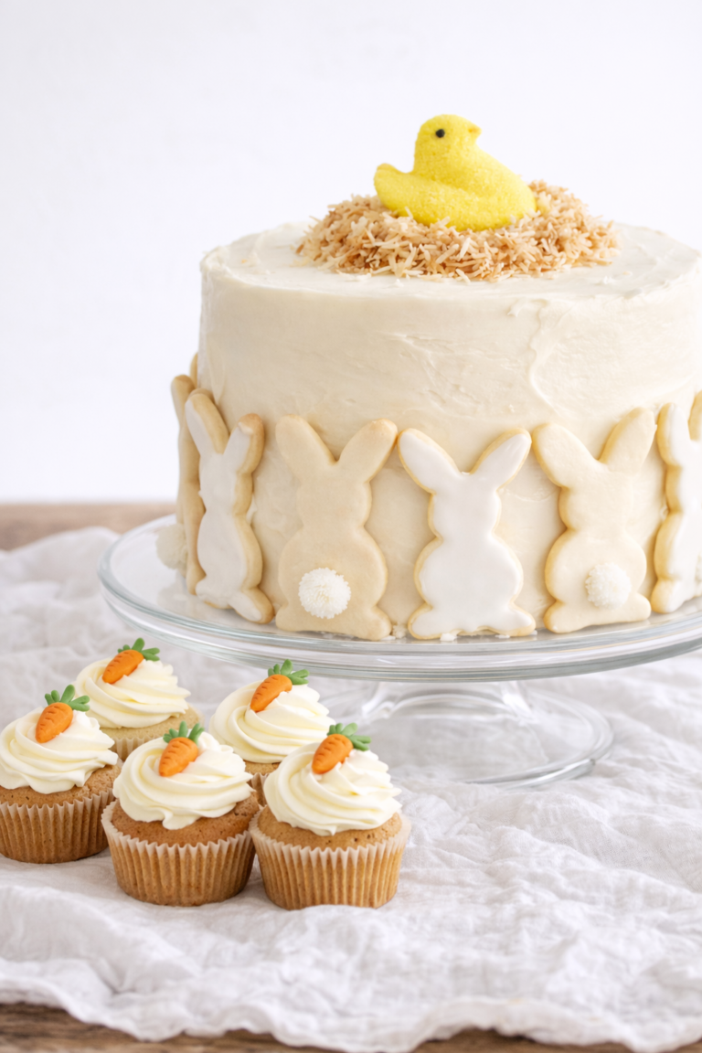 Easter bunny cake on a glass cake stand topped with a toasted coconut nest and peep chick, styled with carrot cake cupcakes on a softly wrinkled linen backdrop.