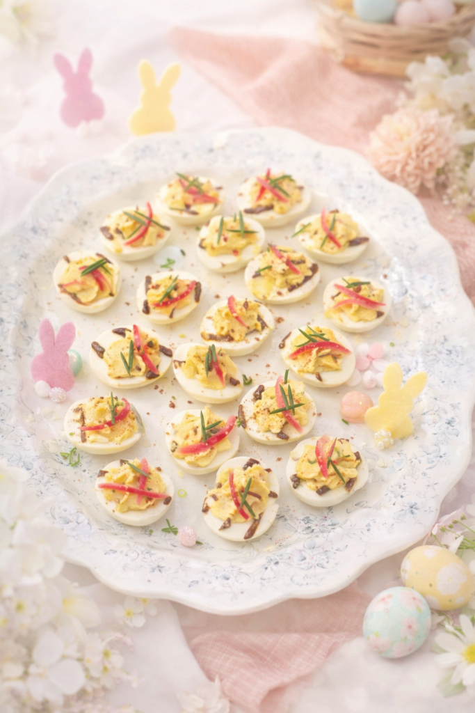 Light and airy Easter deviled eggs arranged on a vintage platter with pastel spring decorations, styled vertically for Pinterest.