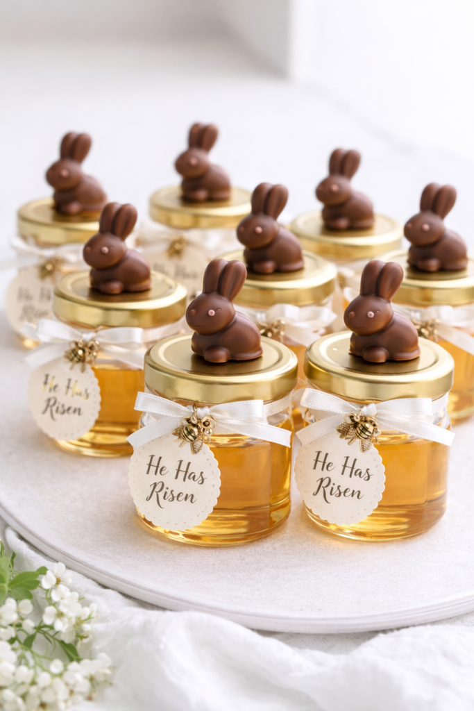 Small Easter honey jar favors topped with chocolate bunnies and “He Has Risen” tags, styled vertically on a light, bright background.