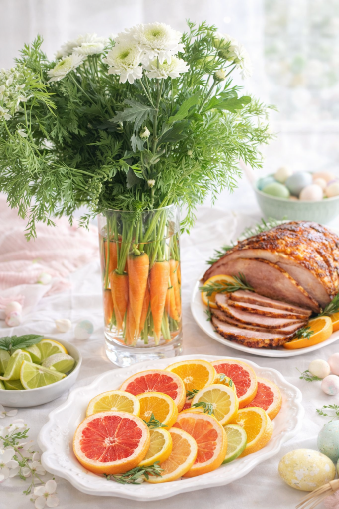 Spring Easter table styled with a carrot vase floral arrangement, sliced citrus on a platter, and a glazed ham on a white tablecloth in soft natural light.