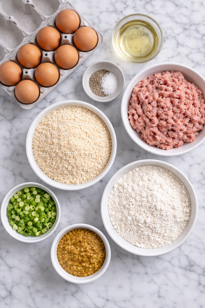 Flat lay of ingredients for easy baked Scotch eggs including eggs, breakfast sausage, panko breadcrumbs, flour, green onions, oil, and whole grain mustard on a marble counter.