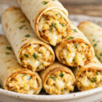 Easy homemade chicken taquitos stacked on a plate with melted cheese oozing out and sprinkled with fresh herbs