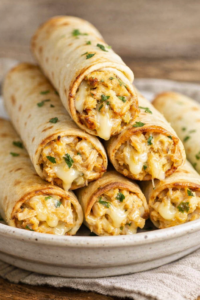 Easy homemade chicken taquitos stacked on a plate with melted cheese oozing out and sprinkled with fresh herbs