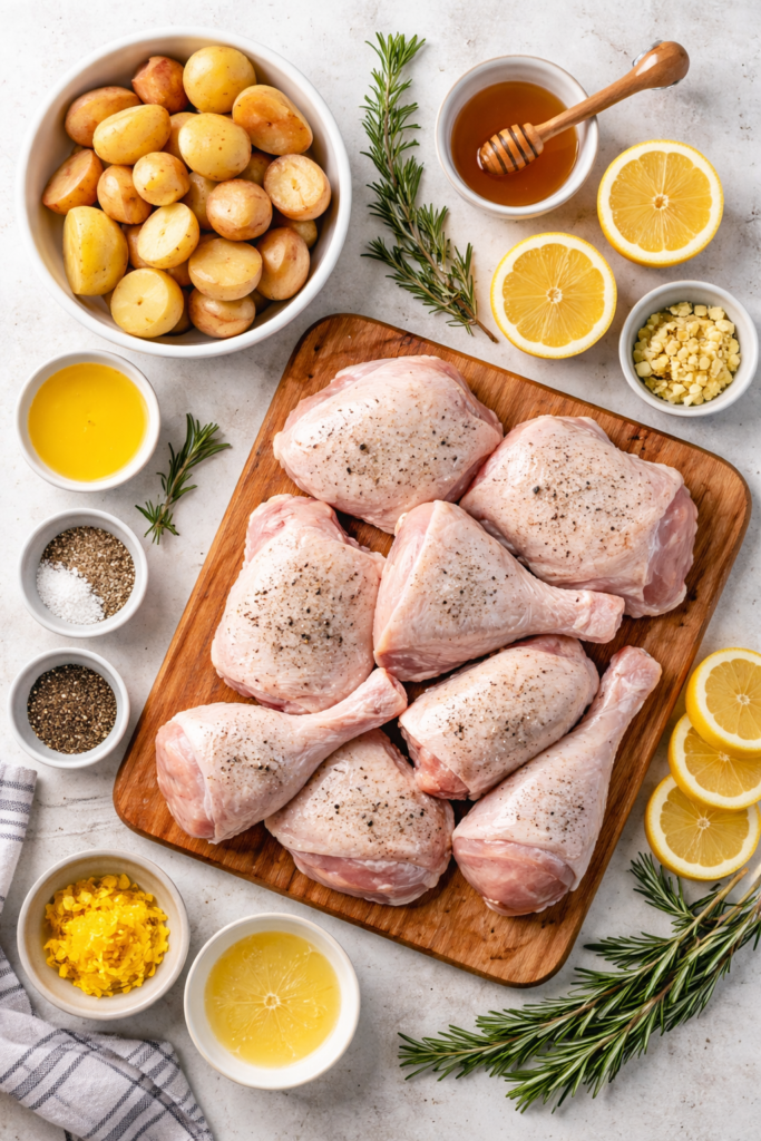 Flat lay of ingredients for easy crockpot honey lemon chicken with garlic, rosemary, baby potatoes, and fresh lemons.