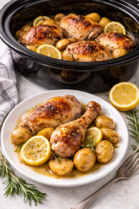 Easy crockpot honey lemon chicken with garlic and rosemary served on a plate with potatoes, shown in front of a slow cooker.