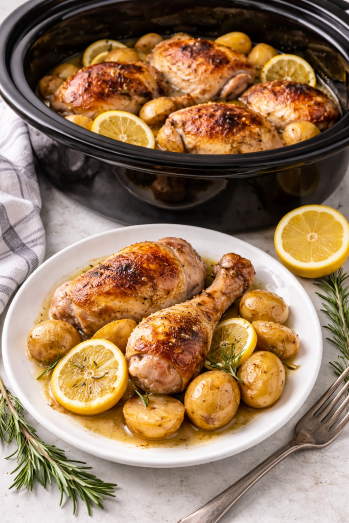 Easy crockpot honey lemon chicken with garlic and rosemary served on a plate with potatoes, shown in front of a slow cooker.