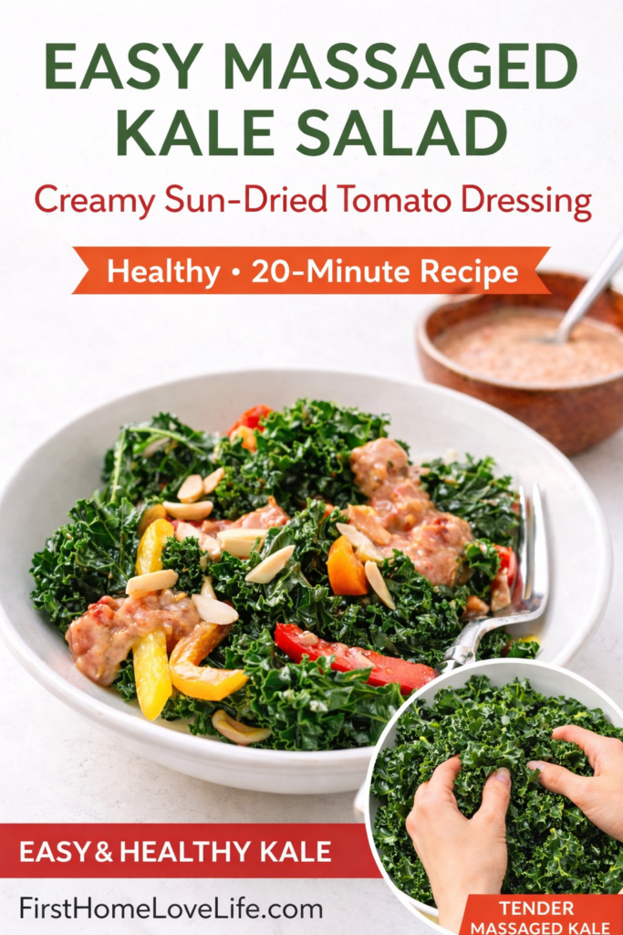 Pinterest graphic for easy massaged kale salad with creamy sun-dried tomato dressing healthy 20 minute recipe