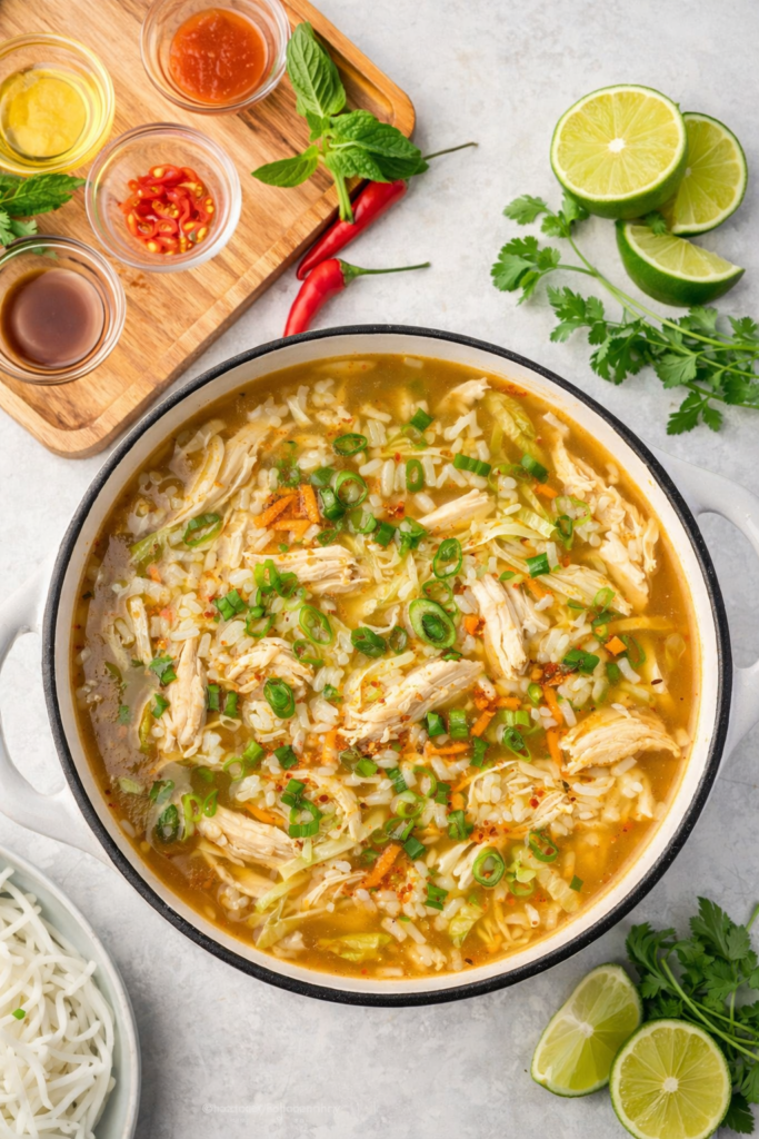 Easy Saigon chicken rice soup with shredded chicken, jasmine rice, and ginger broth