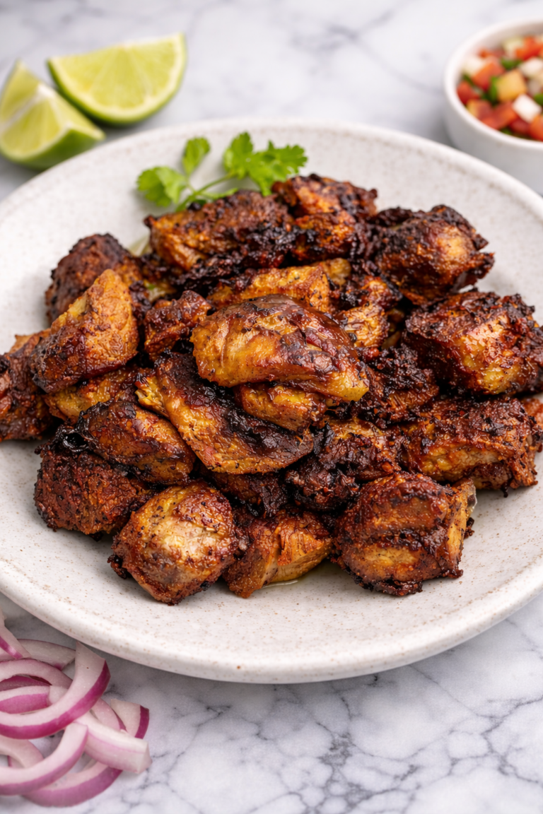 Close-up of crispy slow cooker carnitas on a light ceramic plate with caramelized edges on a marble background.