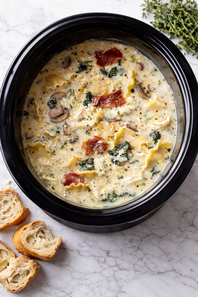 Creamy white lasagna soup with prosciutto, spinach, mushrooms, and lasagna noodles in a slow cooker on a marble background
