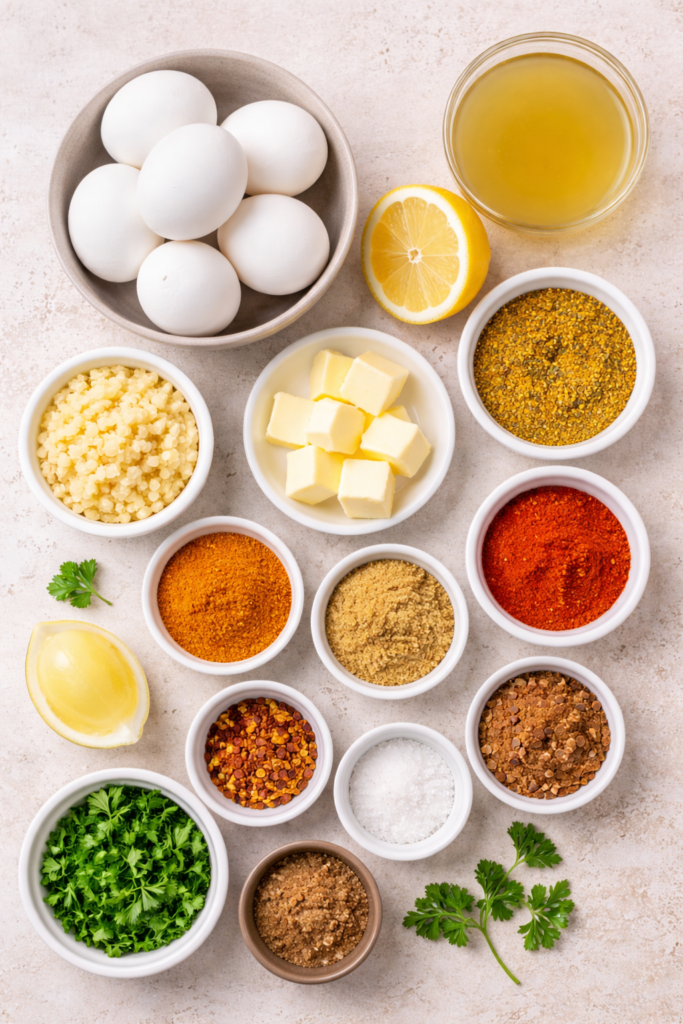 Flat lay of ingredients for viral egg boil recipe including eggs, butter, garlic, seafood seasoning, lemon juice, paprika, and fresh parsley