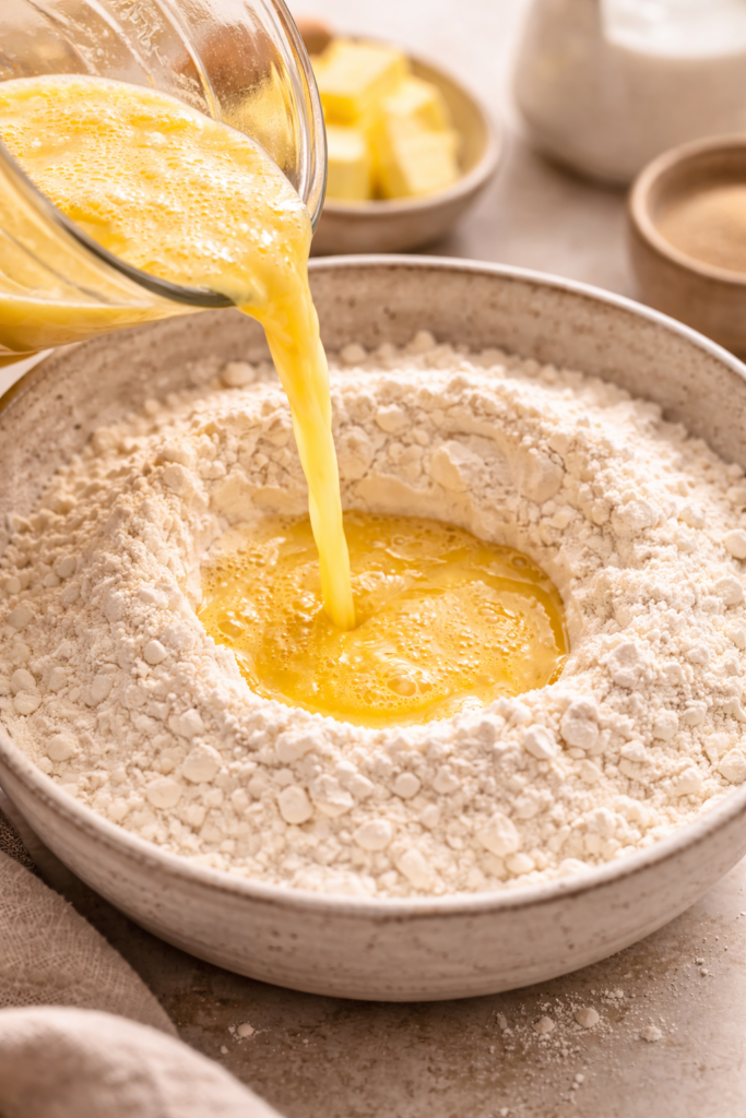 Egg mixture being poured into a well of flour in a bowl while making homemade crusty white bread dough.