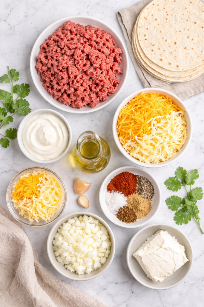 Flat lay of ingredients for oven baked cheesy ground beef taquitos including ground beef, tortillas, shredded cheese, cream cheese, sour cream, garlic, spices, and fresh herbs on a marble surface.