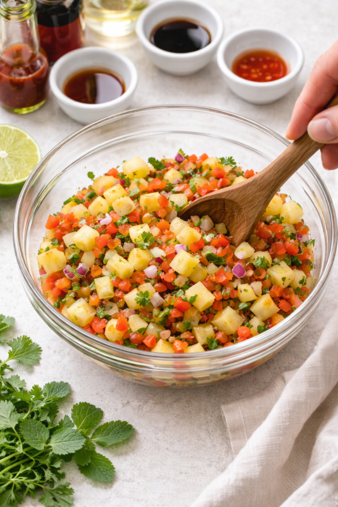 Fresh pineapple relish being mixed in a glass bowl with diced pineapple, red bell pepper, red onion, cilantro, and mint