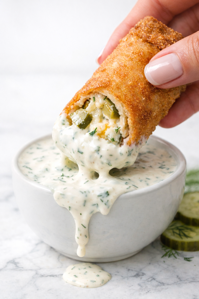 Crispy fried pickle dip egg roll dipped in creamy ranch sauce with ranch dripping over white bowl