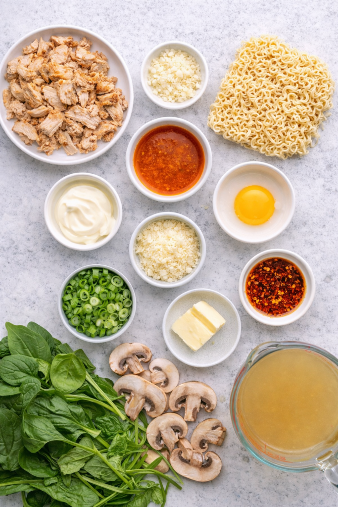 Flat lay of ingredients for creamy garlic buffalo chicken ramen including chicken, ramen noodles, buffalo sauce, garlic, parmesan, spinach, mushrooms, and broth.