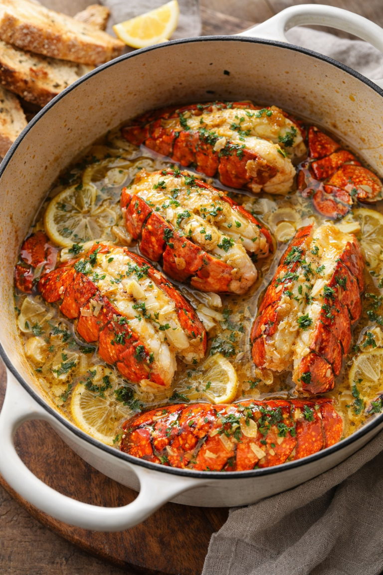 Garlic butter lobster tails dripping with rich butter sauce in a white enamel cast iron pot with crusty bread on the side