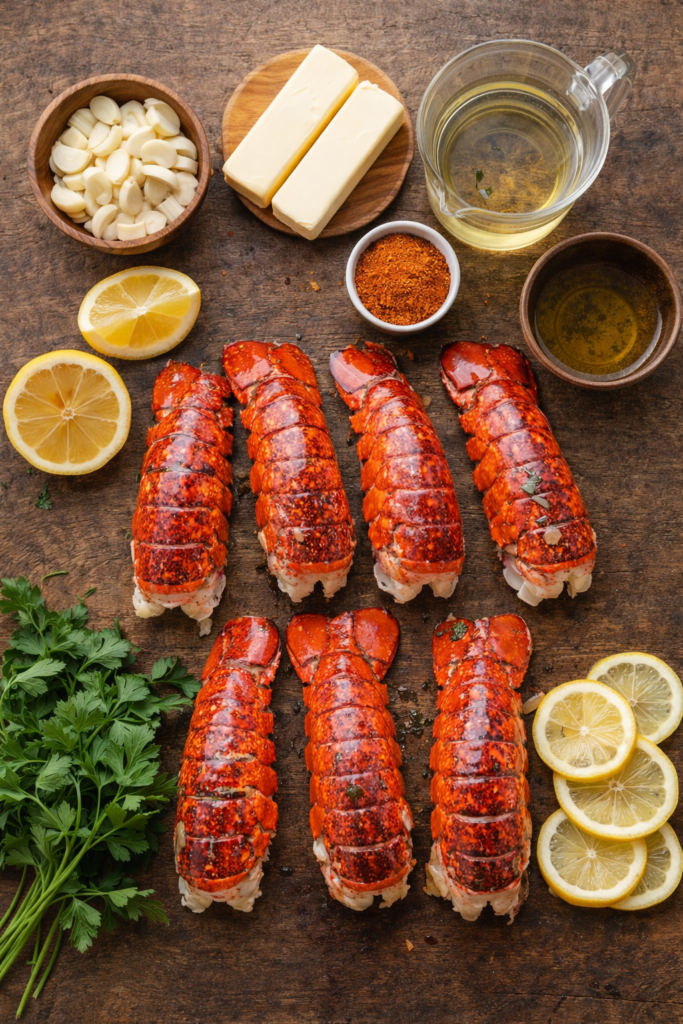 Flat lay of ingredients for garlic butter lobster tails including lobster tails, butter, garlic, lemon, white wine, olive oil, and Old Bay seasoning