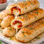 Garlic butter stromboli sticks stacked high with melted mozzarella cheese stretching and pepperoni inside, brushed with buttery garlic sauce and baked until golden.
