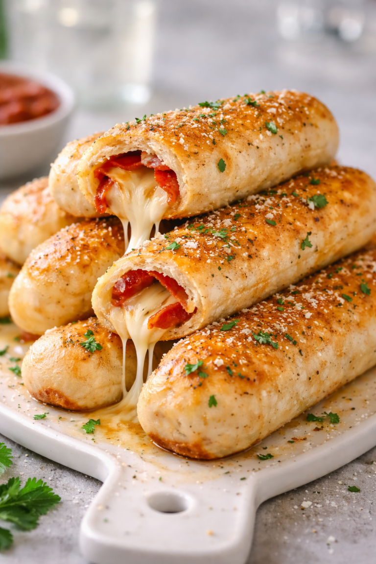 Garlic butter stromboli sticks stacked high with melted mozzarella cheese stretching and pepperoni inside, brushed with buttery garlic sauce and baked until golden.