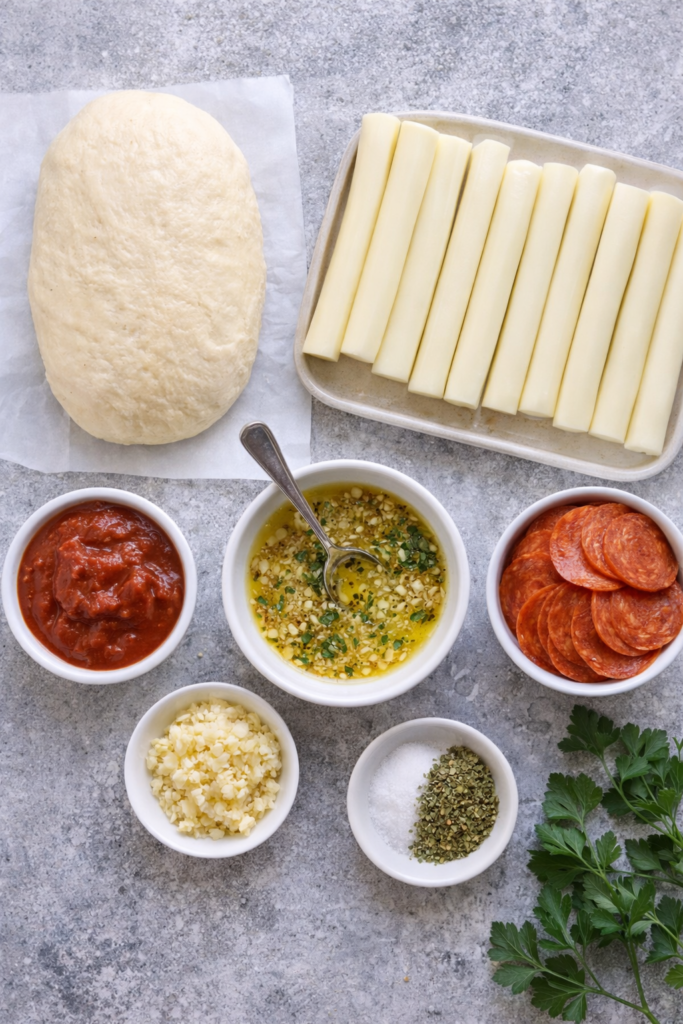 Flat lay of ingredients for garlic butter stromboli sticks including pizza dough, mozzarella cheese sticks, pepperoni, garlic butter, marinara sauce, and seasonings on a neutral background.