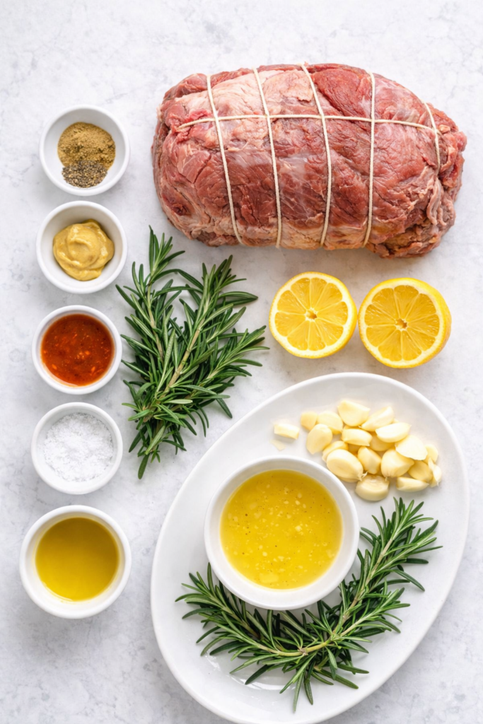 Flat lay of ingredients for garlic herb roasted lamb shoulder including lamb shoulder, fresh rosemary, garlic cloves, lemons, olive oil, Dijon mustard, and seasonings on a white marble surface.