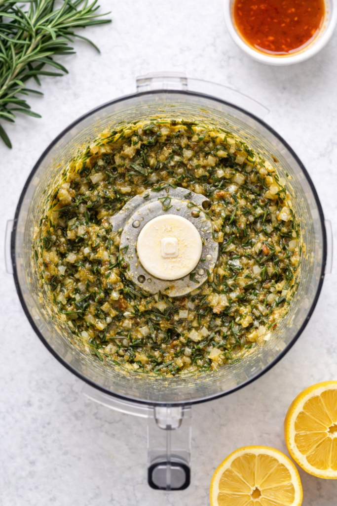 Bird’s-eye view of garlic herb paste being made in a food processor with fresh rosemary, tarragon, garlic, lemon juice, and olive oil.