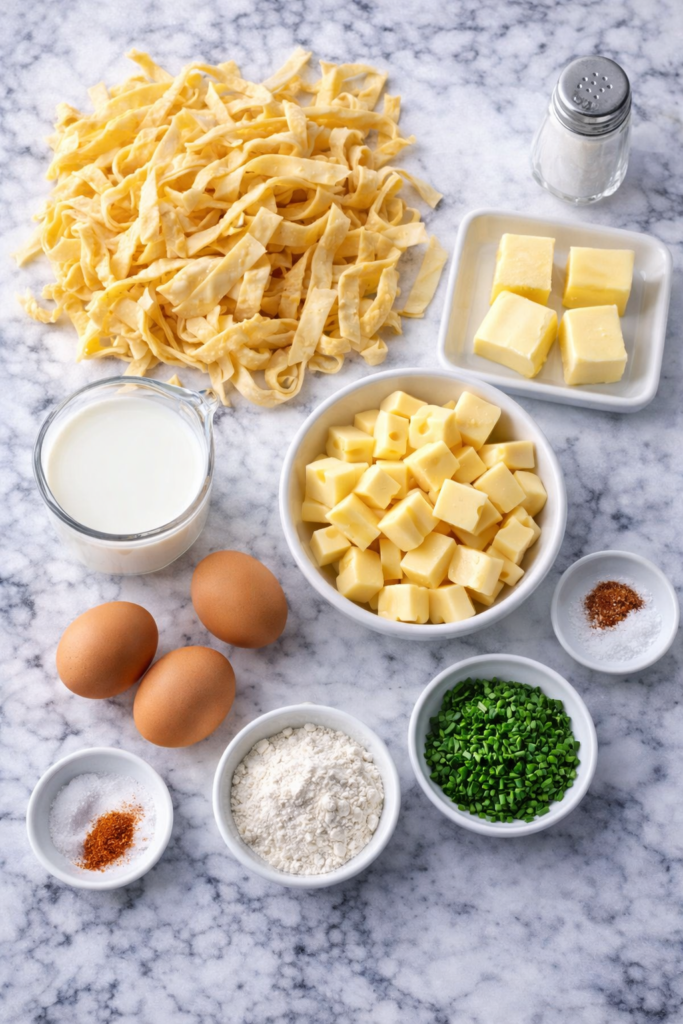 Flat lay of ingredients for German noodle bake including homemade egg noodles, Swiss cheese, eggs, milk, butter, flour, paprika, salt, and fresh chives on marble.