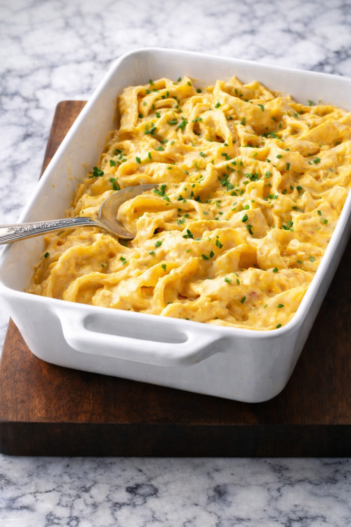 Creamy German noodle bake made with homemade egg noodles and Swiss cheese, baked until golden and garnished with fresh chives.