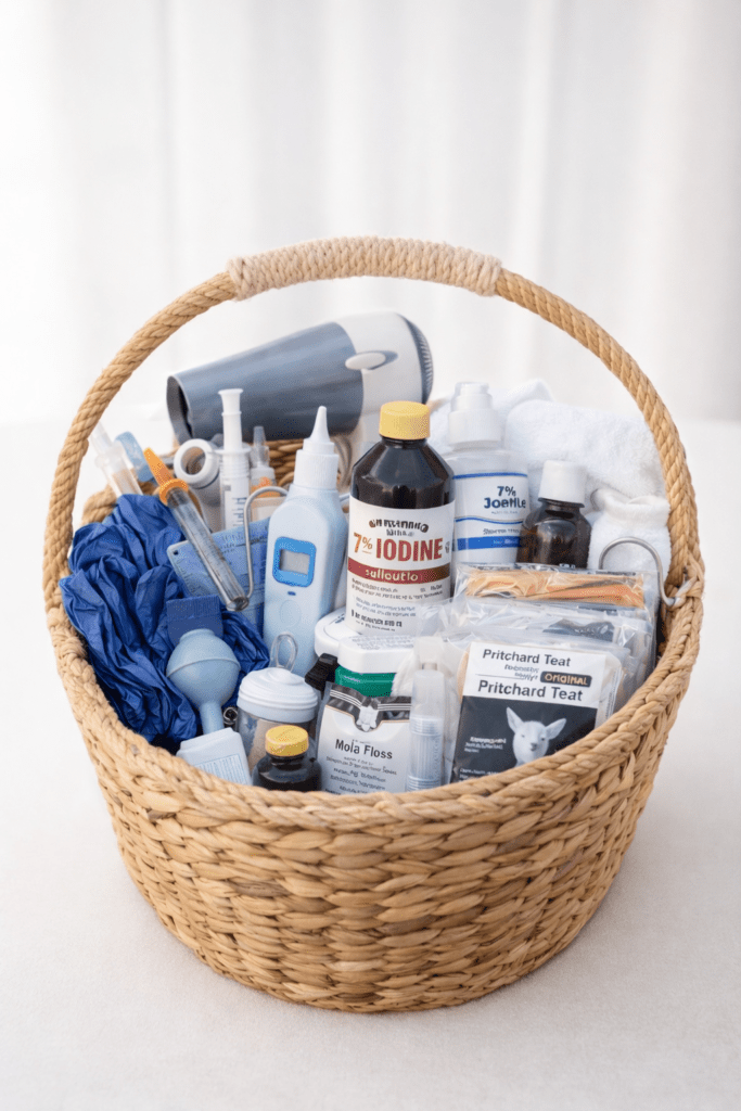 Wicker basket filled with goat kidding season essentials including 7% iodine, thermometer, gloves, bottles and colostrum supplies for newborn goat care