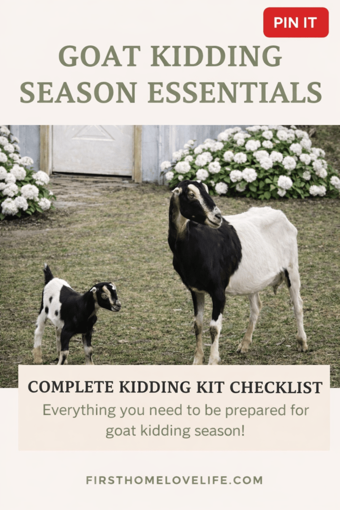 Goat kidding season essentials checklist with mother goat and baby goat farmhouse scene for homestead birth preparation