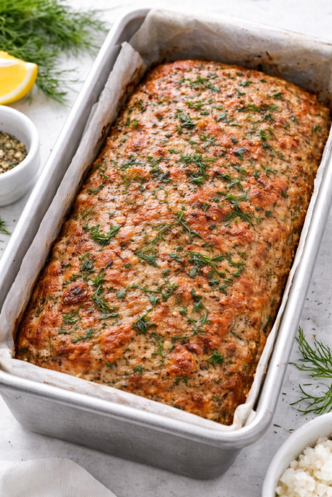 Greek chicken meatloaf baked in a loaf pan, golden brown and topped with fresh herbs, ready to slice and serve.