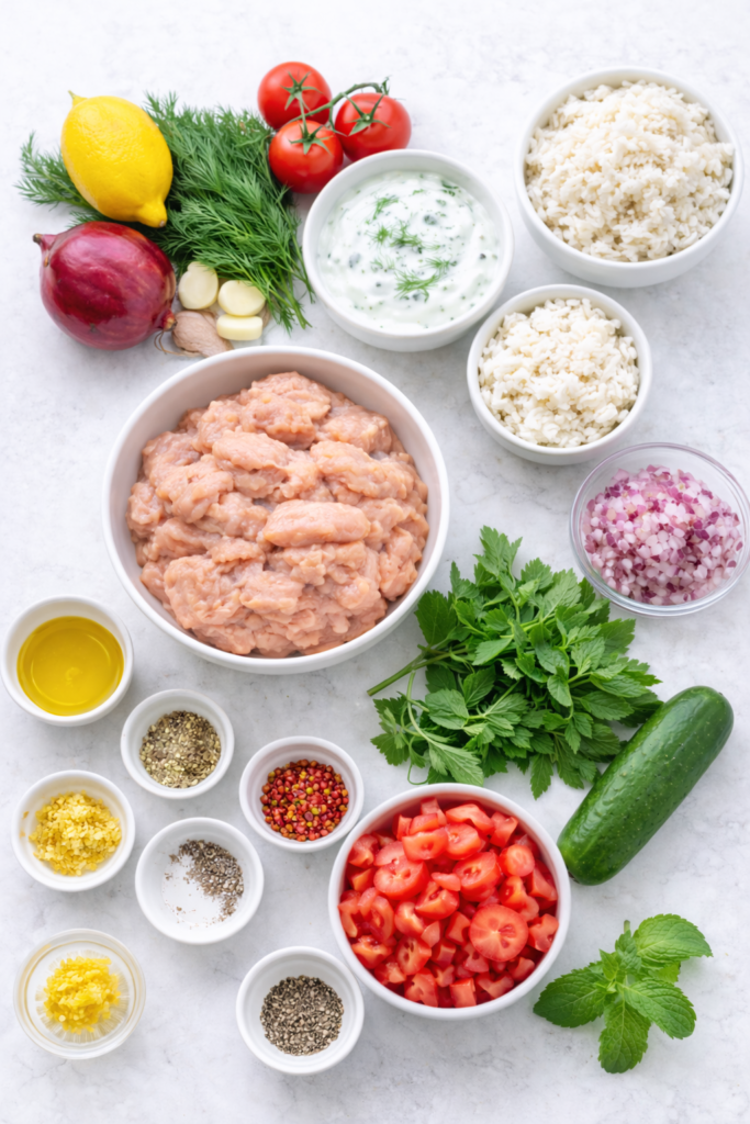 Flat lay of ingredients for Greek chicken meatloaf including ground chicken, fresh herbs, lemon, garlic, olive oil, tomatoes, red onion, and spices on a light marble surface.