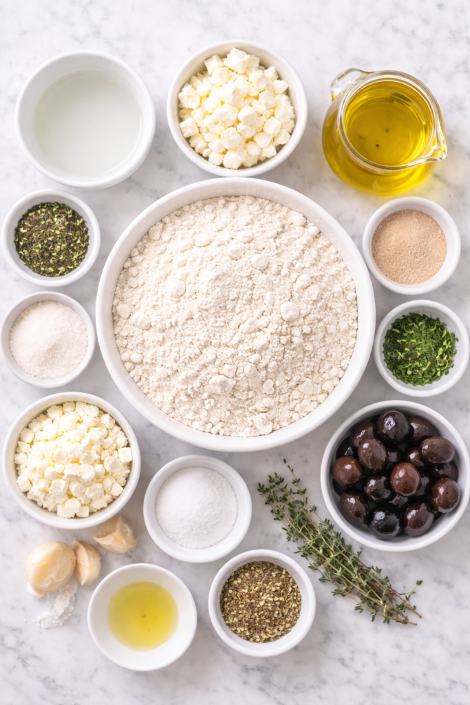 Flat lay of ingredients for Greek olive and feta bread including flour, olives, feta cheese, olive oil, yeast, and herbs
