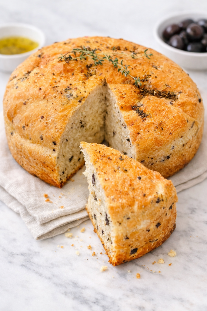 Greek olive and feta bread loaf sliced on marble surface with herbs and olive oil