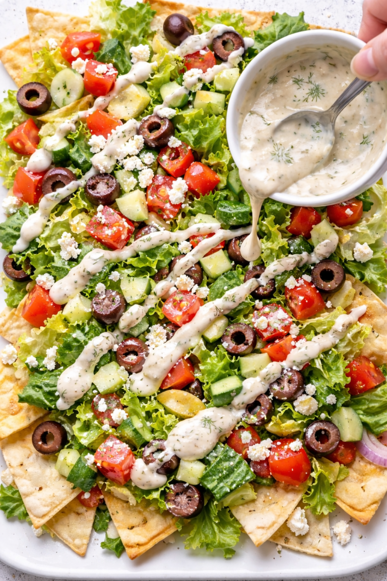 Vertical flat lay of Greek salad nachos topped with fresh vegetables, feta cheese, Kalamata olives, and a creamy hummus drizzle being poured over pita chips.