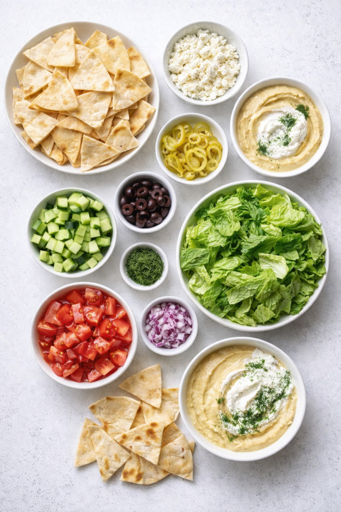 Flat lay of Greek salad nachos ingredients including pita chips, hummus, feta cheese, romaine lettuce, tomatoes, cucumber, olives, red onion, pepperoncini, and fresh dill on a light background.
